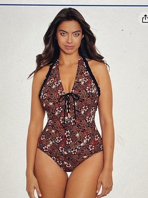 SKINNY DIPPERS Sirena  V Neck Ruffles Halter Swimsuit Medium M