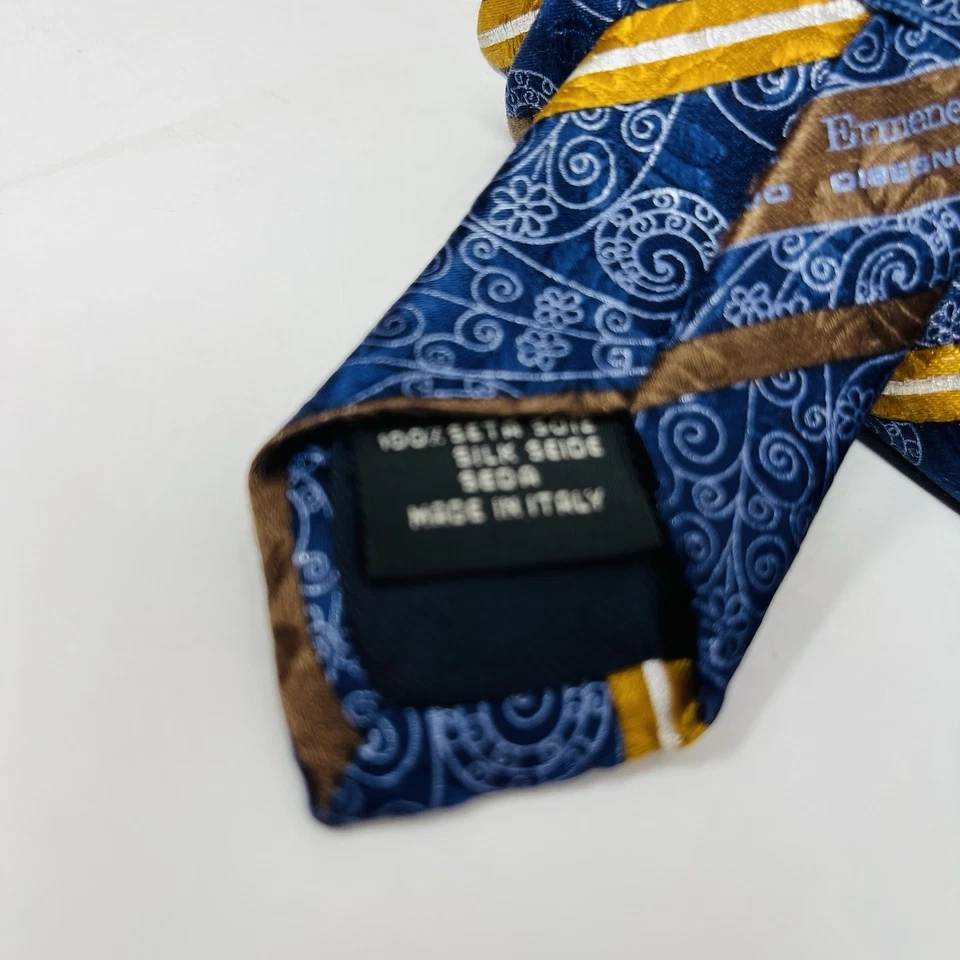 Corbata Ermenegildo Zegna para Hombres Azul Dorado Paisley Seda Lujo Diseñador Italiano DEFECTOS Foto 2 de 4