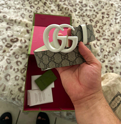 Gucci Men's GG Logo Monogram Dress Belt Beige/White Buckle Size S 1.5'' NWT