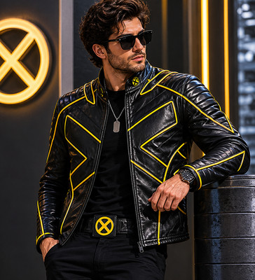 Men s X-Men Wolverine Leather Jacket Black Yellow Motorcycle Biker Jacket