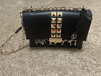Michael Kors Cece Medium Studded Flap Crossbody Bag Black Gold Chain NWOT