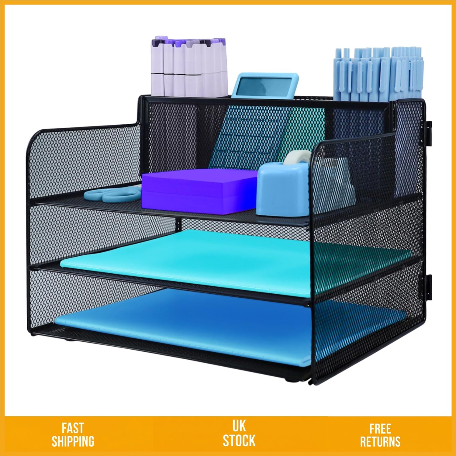 Sturdy 3 Tier Mesh Desk Organiser Sliding Letter Tray A4 Paper Holder Black