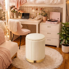 Dorm round Ottoman with Storage White Velvet Storage Ottoman | with Removable Li