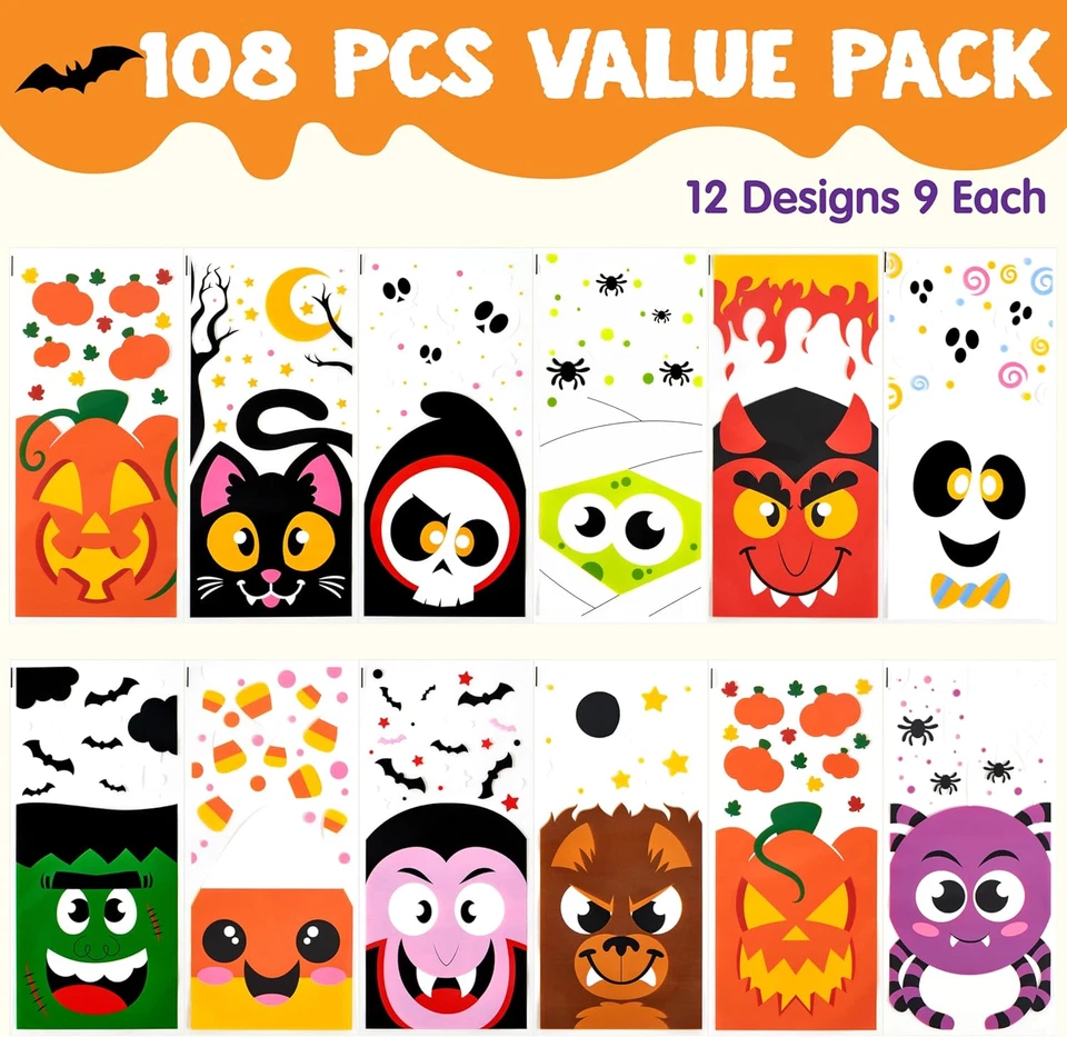 108 Pcs Halloween Cellophane Bags for Sweet Candy Treat, Goodie Gift Bags Bulk w - Image 2 of 4