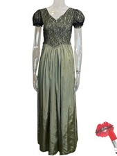 Vintage Gown Women XS / Small Olive Green Taffeta Tea Party Dress Black Lace
