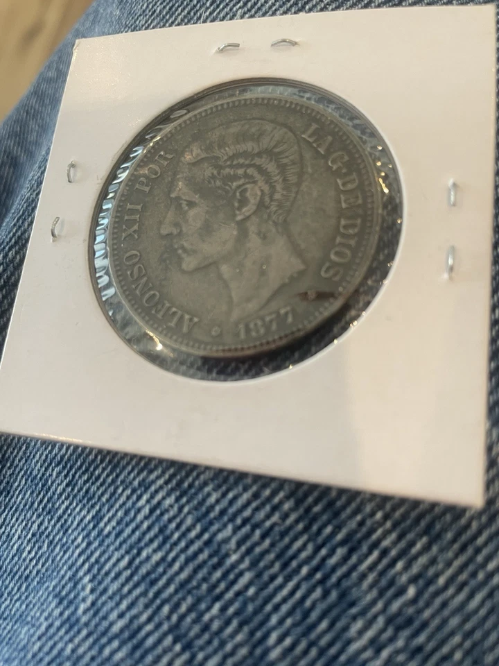1877 5 Pesetas Spain 0.900 silver Coin King Alfonso XII ASW: 0.7234oz - Image 2 of 2