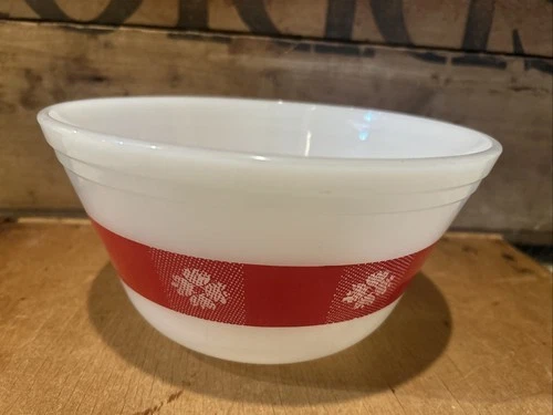 Vintage Federal Milk Glass Red Gingham Picnic Stripe Mixing Bowl