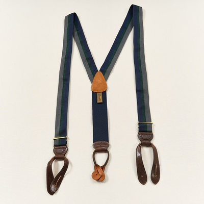 #ad Trafalgar Suspenders Navy Green Silk Ribbon Leather Button Style Braces England $35.95