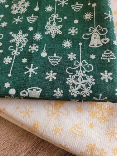 2x Christmas Fabric Remnants. Green White Gold. Trees Bells Snowflakes. Cotton - Picture 1 of 9