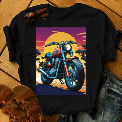 Retro Motorcycle T-Shirt Cool Sunset Biker Art Graphic Tee Gift Idea Present Dad