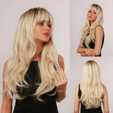 Long Wavy Platinum Blonde Hair with Bangs Women Natural Party Synthetic Wigs US