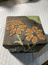 Raku Style Pottery Square Lidded Box with Floral Design