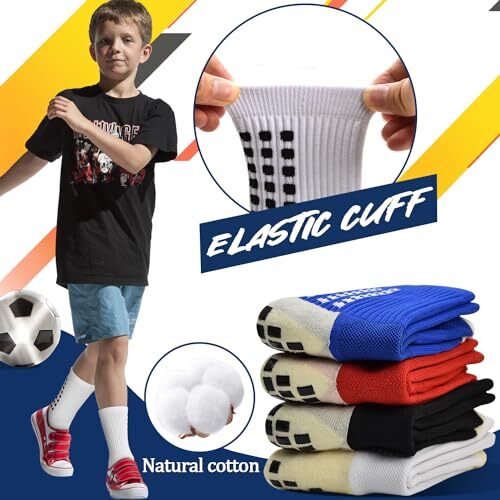 ELUTONG Kids Grip Soccer Socks Anti 8-12 Years #3 Black+red+white+blue(4 Pairs) - Picture 6 of 8