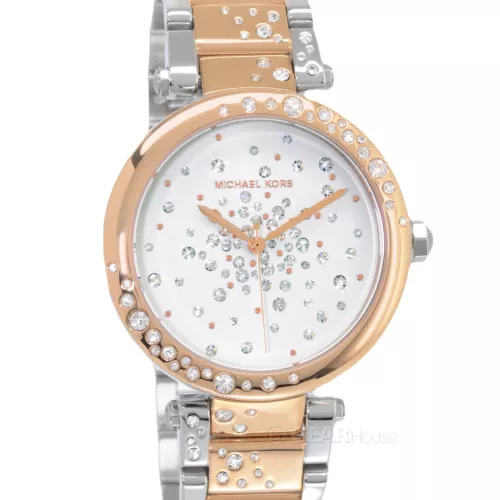 Michael Kors Parker Womens Pave Crystals Watch, White Dial, Two Tone Rose Gold
