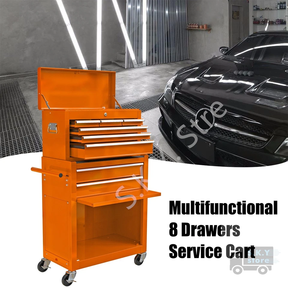 Тележка для инструментов механика, 8 ящиков стальной шкаф для хранения с колесами, оранжевый - Изображение 3 из 4