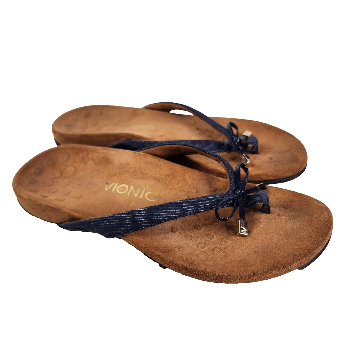 Vionic Rest Bella Blue Denim Thong Sandals w Bow Orthoheel