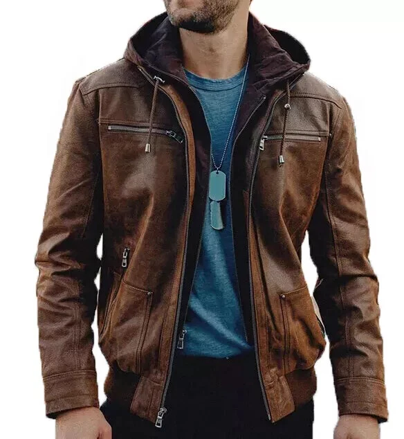 Men's Vintage Brown Lambskin Leather Jacket Motorcycle With Removable Hood