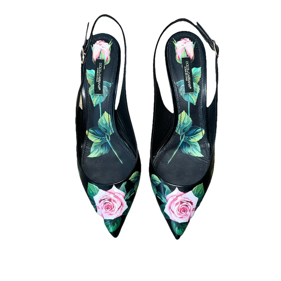 罕见 Dolce & Gabbana Lollo 露跟黑色高跟鞋皮革玫瑰花卉尺寸 38 7 — 第 2/4 张图片