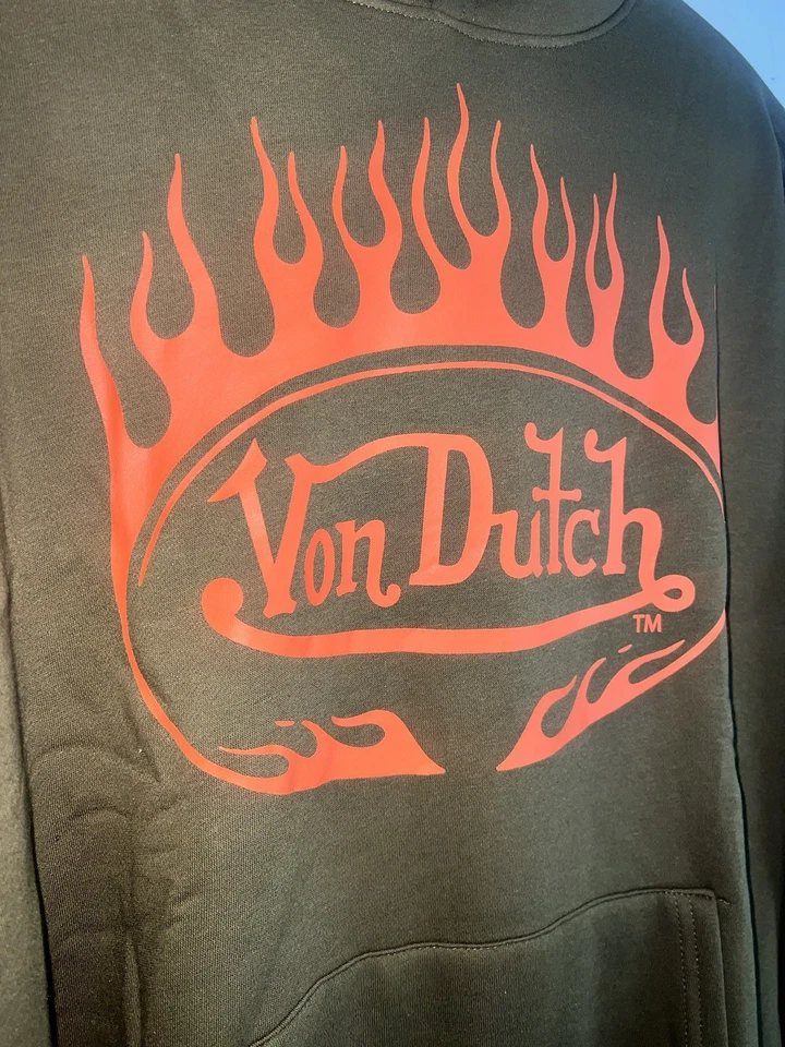 Von Dutch 连帽衫男式橄榄绿色橙色火焰全新带标签尺寸 XL(裤子尺寸 L) — 第 3/4 张图片