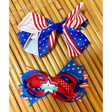 4th of July Hair Bows Set 2pc Patriotic Stars Stripes Red White Blue Clips Kids
