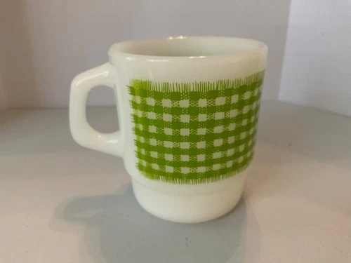 ANCHOR HOCKING FIRE KING GINGHAM GREEN USA 3 1/2” Coffee Mug Cup