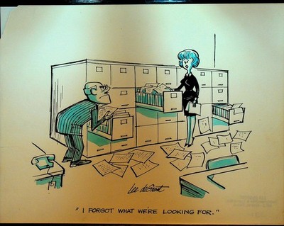 Lee DeGroot Original Art Gag Filing Cabinet Forgot What We Are Looking For