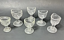 6 Clear Glass Eye Wash Optical Cups Various Makers Designs Ages Sizes Vintage