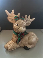 Vtg Quilted Reindeer Ceramic Figure Christmas 1988 Hollies Retro Decor Kimple
