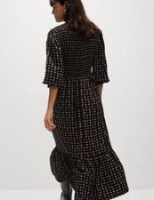 M&S Collection Womens Midi Waisted Dress size 18 Shirred Top Printed Black Mix