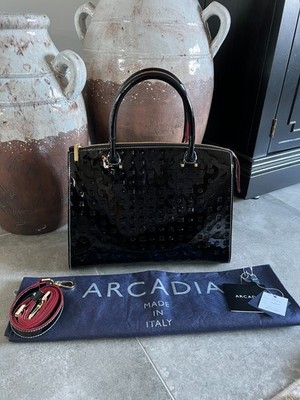 Arcadia Made In Italy Black Patent Leather Reptile Sides Satchel $230