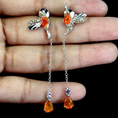 925 Sterling Silver Earrings Pear Orange Opal 7x5mm Tanzanite Gemstone Jewelry