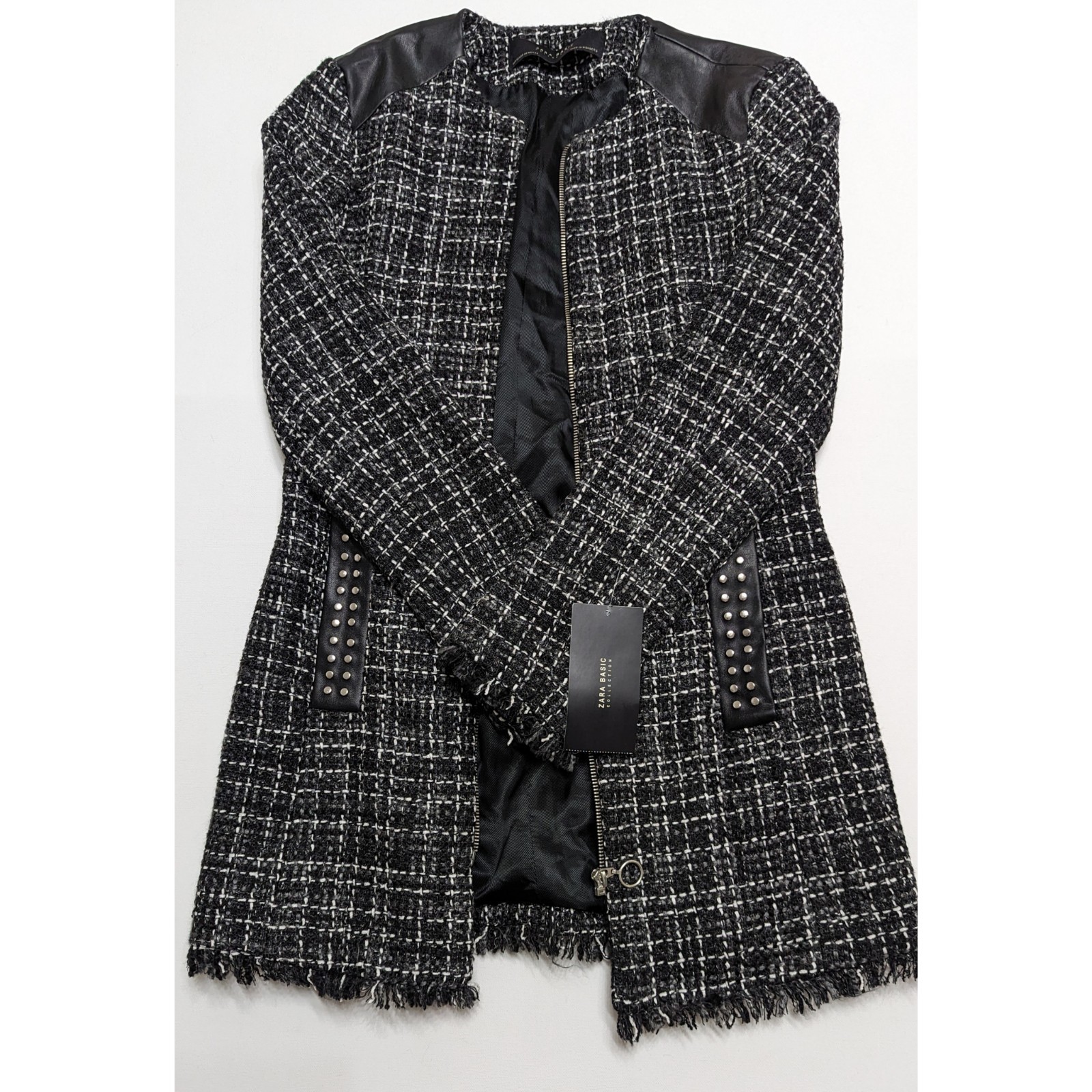 ZARA Studded Faux Leather Frayed Tweed Jacket Women's Size XS