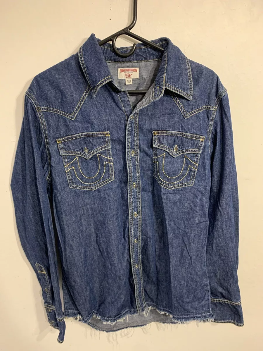 TRUE RELIGION WESTERN Released Hem Jeans Denim Shirt Men Size XL Long Sleeve