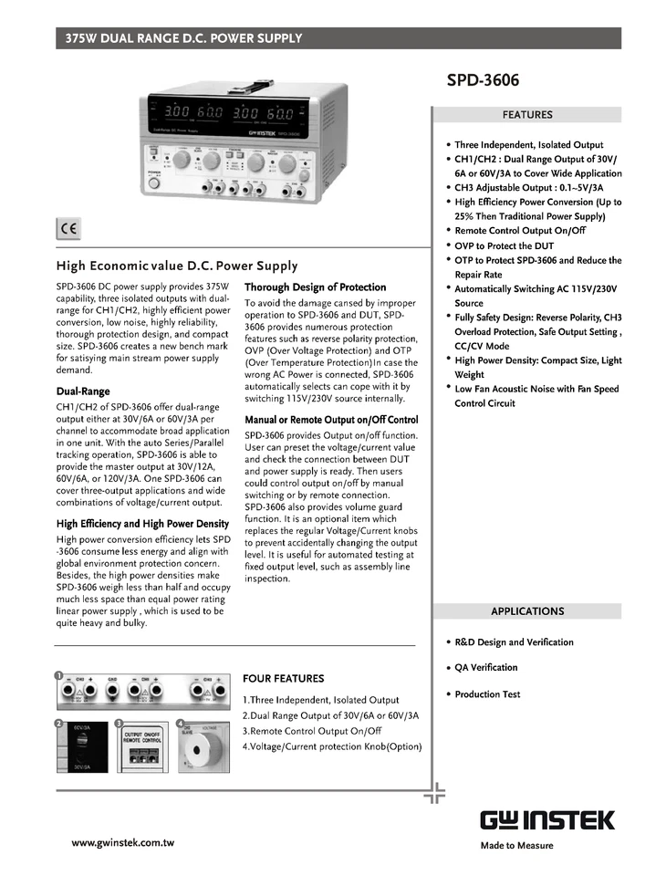 GW Instek SPD-3606 3-Channel Dual Range DC Power Supply 5V 3A - Image 2 of 3