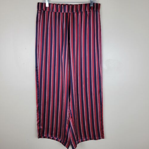 Pantalones de pierna ancha de cintura alta rojos y azules de capa L a rayas 100 % seda - Imagen 1 de 9