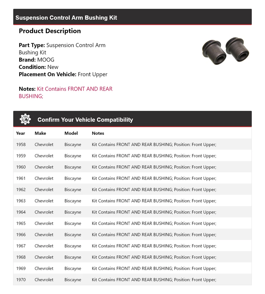 For 1958-1970 Chevrolet Biscayne Suspension Control Arm Bushing Kit MOOG 1958 - Image 2 of 4