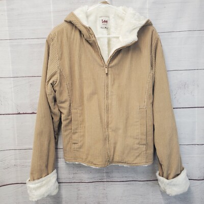 VTG Lee Corduroy Faux Fur Hooded Full Zip Jacket Tan Lined Women's