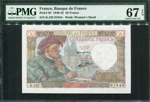 Francia 1940-1942 (1942), 50 Franchi, P93, PMG 67 EPQ Superbo GIOCO PERFETTO UNC - Foto 1 di 2