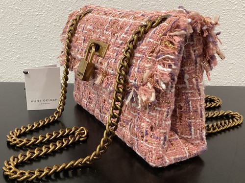 Kurt Geiger Mini Brixton Pink Tweed Gold Metallic Threading 8" x 2.25" x 5.5"