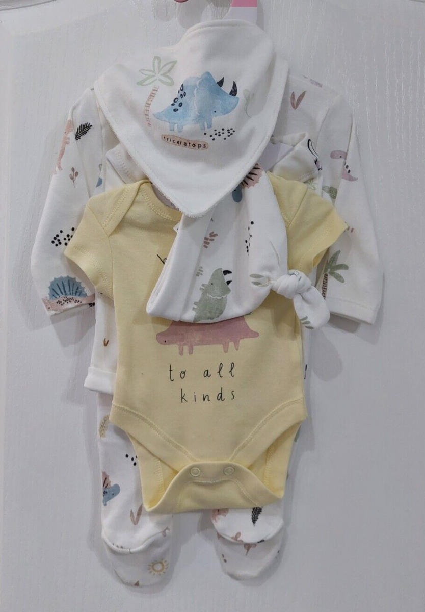Primark Newborn Baby Unisex Babygrow Bodysuit Hat Bib 5pc