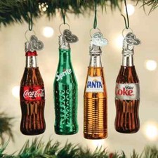 OLD WORLD CHRISTMAS 4 pc. COCA-COLA MINI BEVERAGE SET GLASS ORNAMENTS 14030