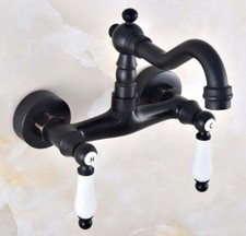 Oil Rubbed Bronze Bathroom Basin Sink Faucet Dual Handles Mixer Tap Wall Mount