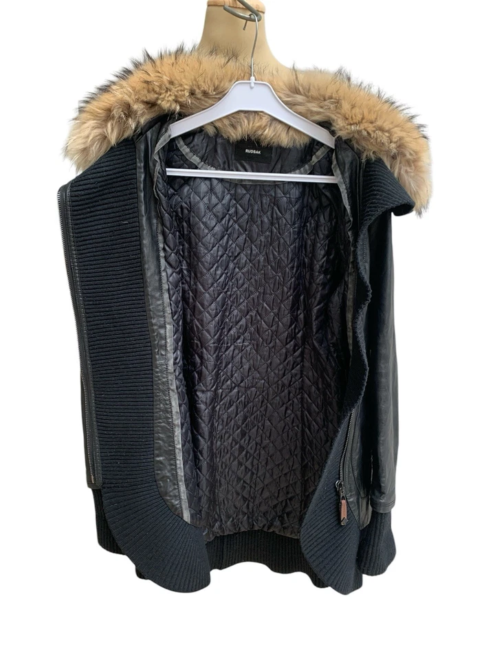 Chaqueta de cuero negra para mujer Rudsak cuello de piel XL Canadá abrigo de invierno de lujo #Z35 Foto 3 de 4