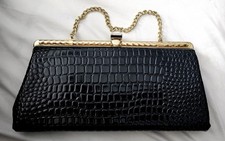 Vintage Black Faux Crocodile Frame Evening Bag Gold Chain Special Occasion