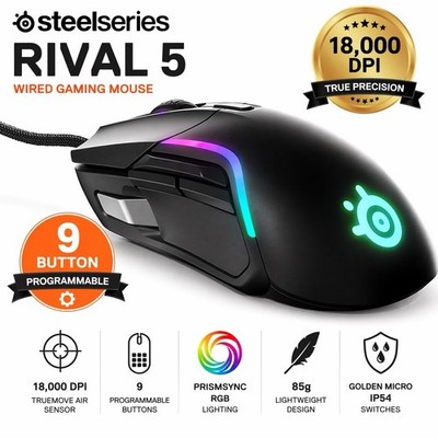 SteelSeries Rival 5 Wired Gaming Mouse RGB 9 Button 18K DPI TrueMove Air