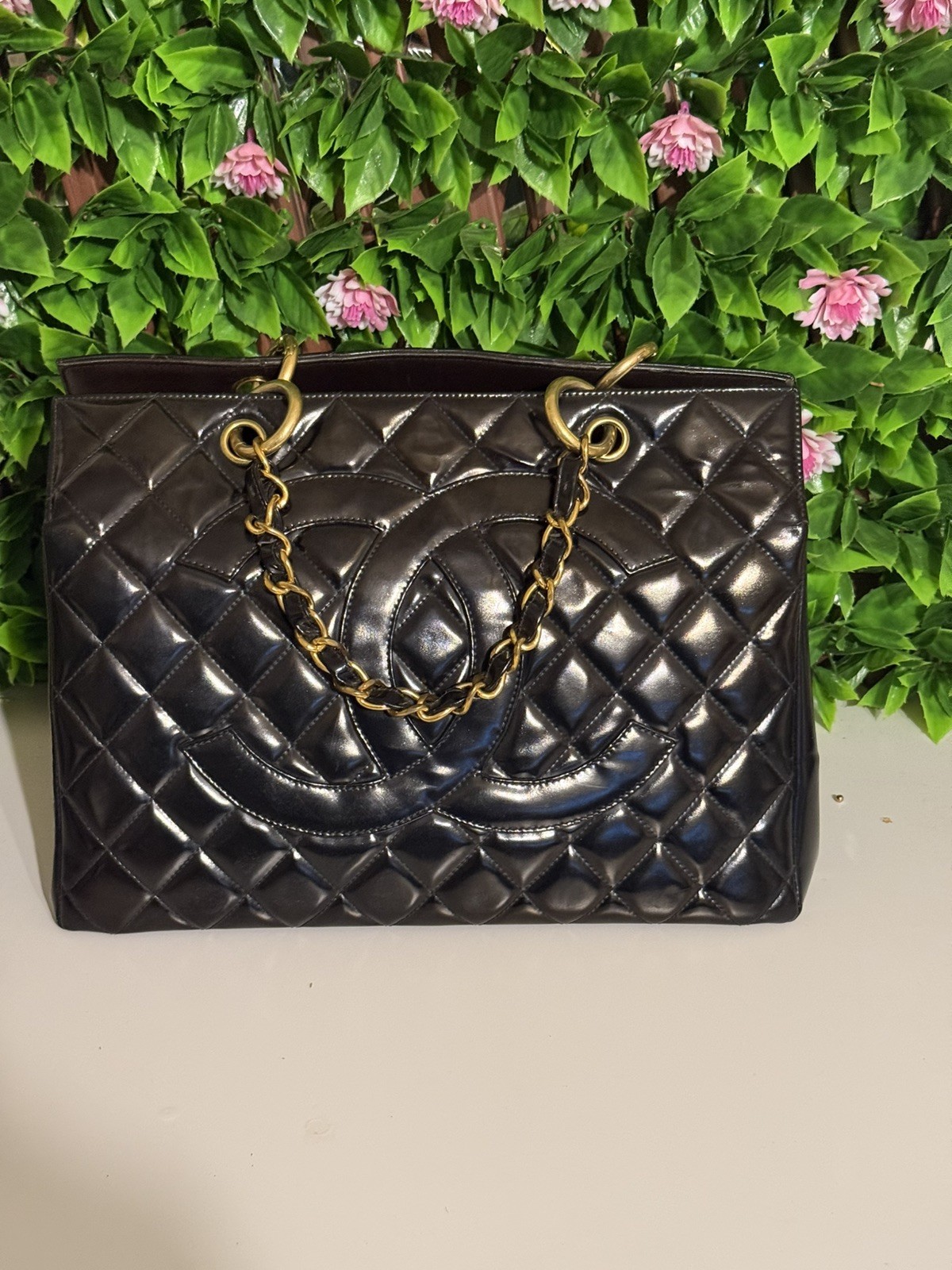 RARE ZERO SERIES CHANEL GRAND SHOPPING TOTE BAG BLACK AND BROWN LEATHER 24k GOLD