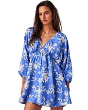 Free People Women’s Portia Blue Floral Long Sleeve Mini Dress L