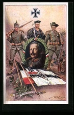 CPA Illustrateur Willy Stoewer: Kaiser Wilhelm II. avec Eisernem Kreuz et Solda 