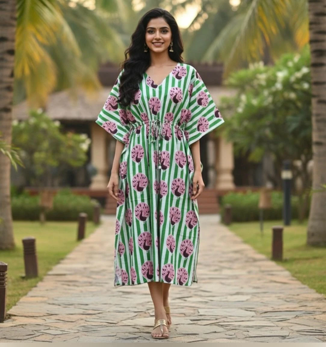 Women Relaxed Fit Kaftan Dress Cotton Hand Block Printed