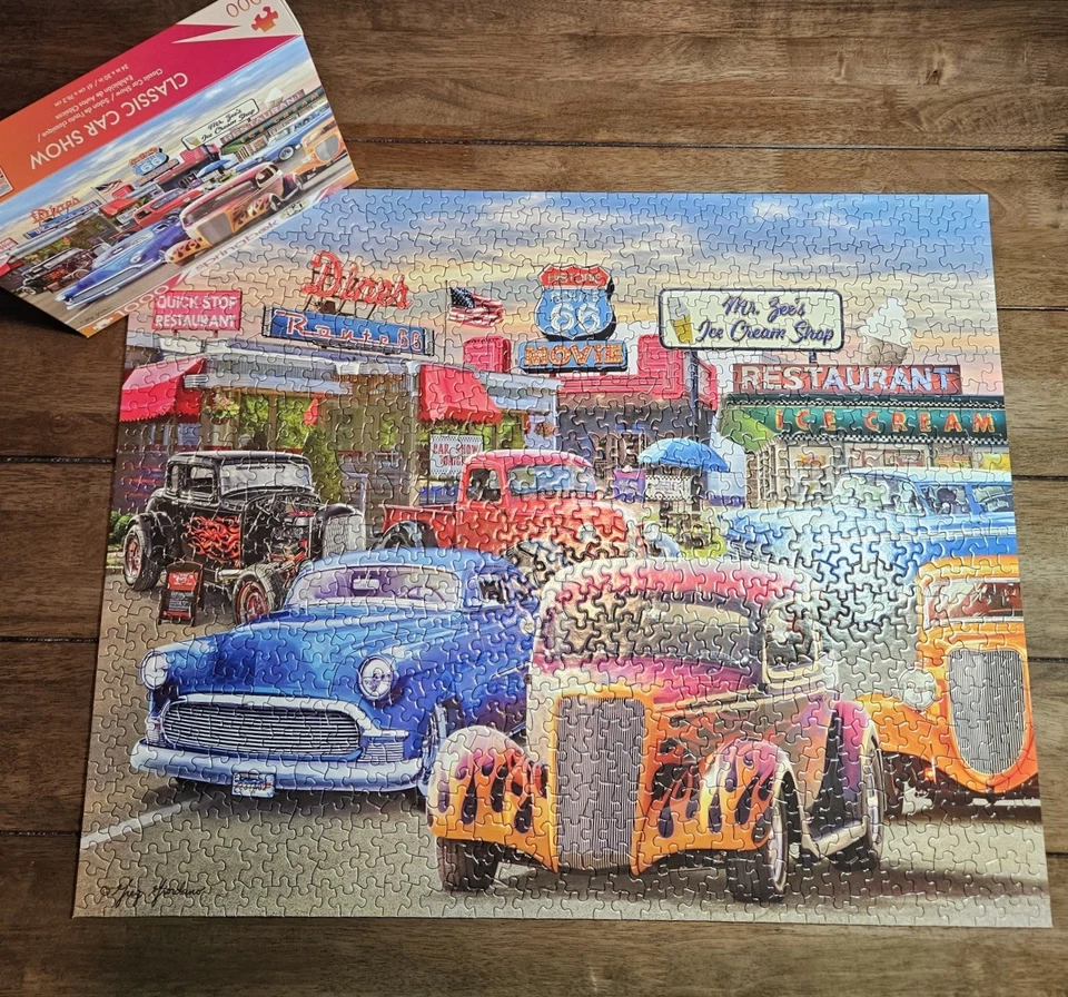 SPRINGBOK "Classic Car Show" 1000 pc jigsaw puzzle ROUTE 66 Hot Rods - Red Truck - Image 3 of 4